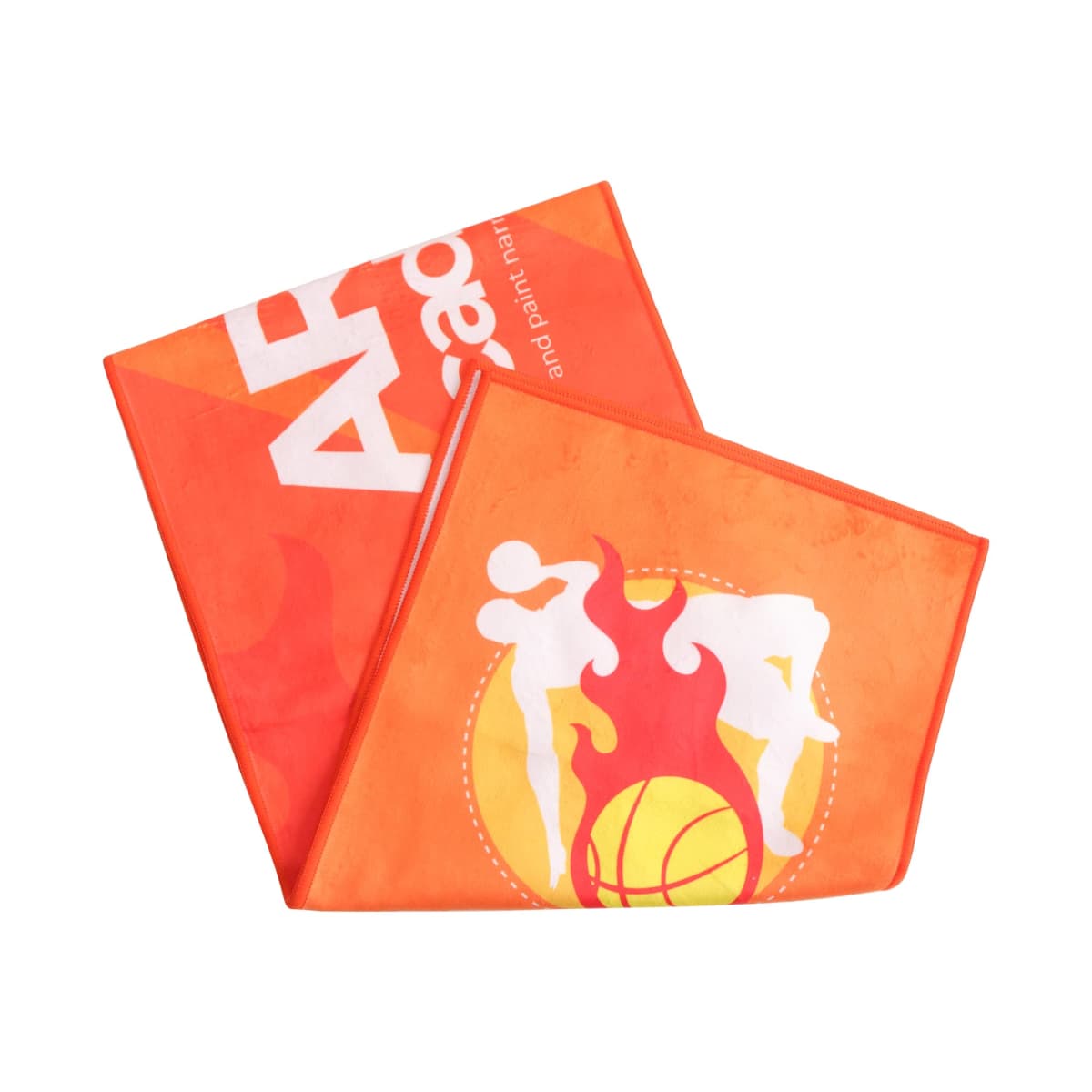 An orange towel with a basketball design and two stylized figures. The figures are white silhouettes against a yellow circle, with the basketball partially surrounded by flames. Text is partially visible in white.