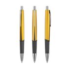 Three gold and black retractable ballpoint pens are aligned vertically against a white background, each featuring a pocket clip and a sleek, modern design.