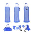 Three blue collapsible water bottles with white lids, shown upright and folded.