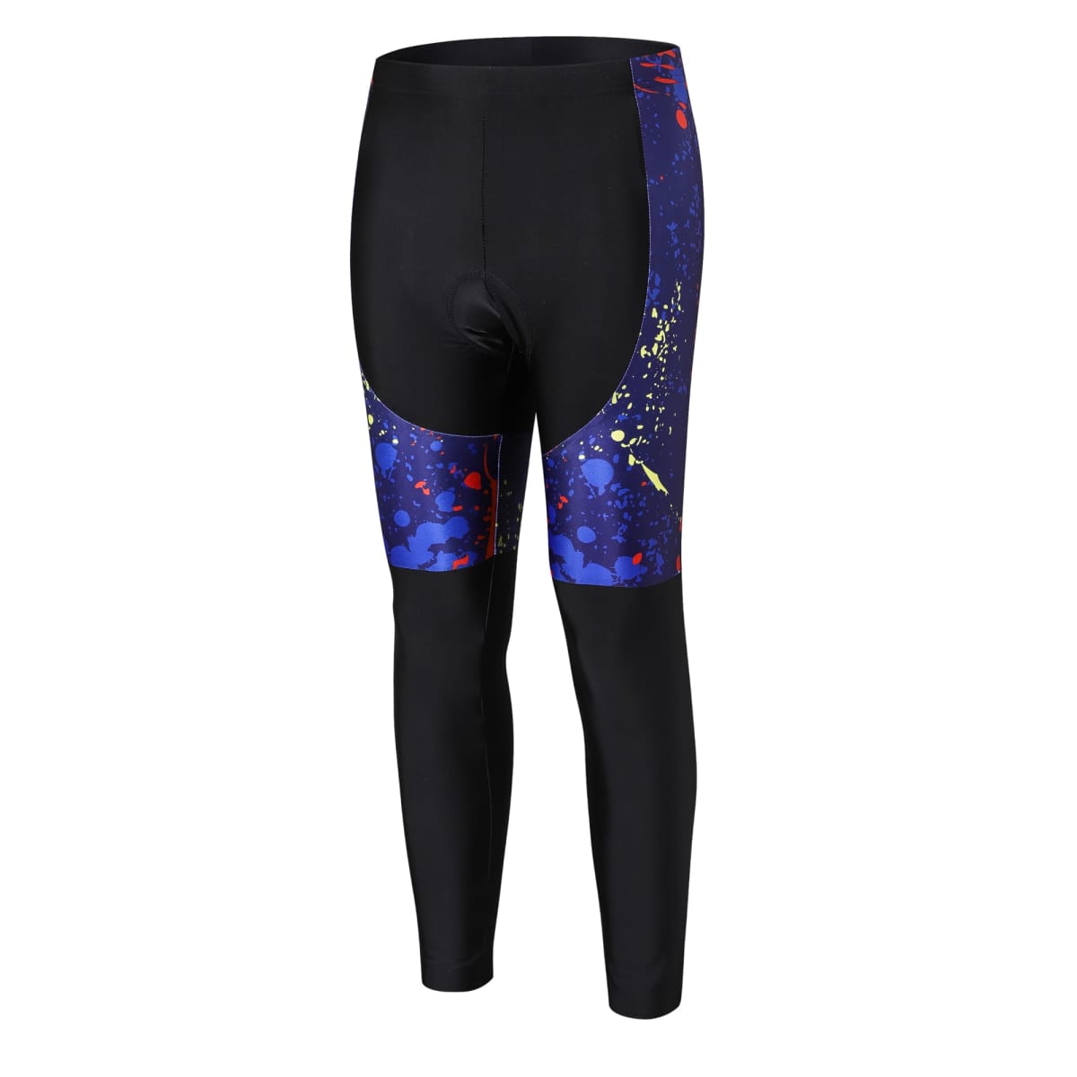 Black cycling leggings with a colorful abstract design on the sides, featuring splashes of blue, yellow, and red. The leggings have a padded area for comfort during cycling.