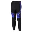 Cycling tights featuring a colorful design with blue, yellow, and red splatter patterns on the sides, contrasted with solid black for the rest.