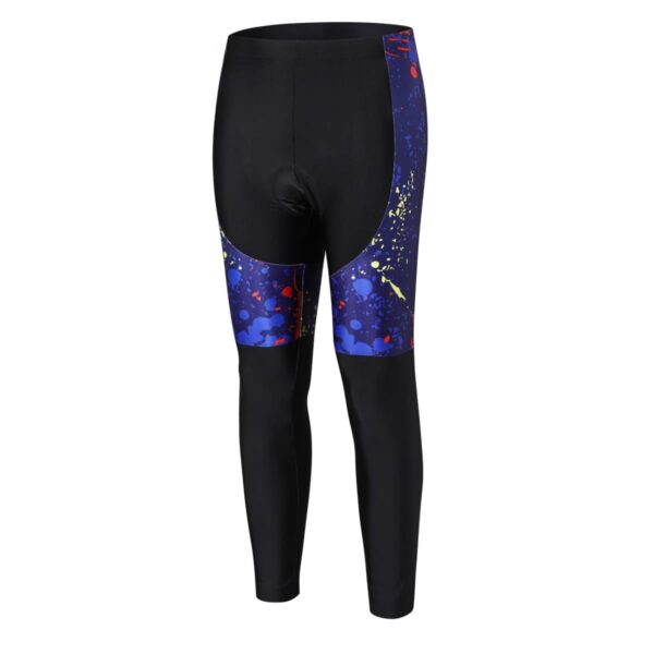 Cycling tights featuring a colorful design with blue, yellow, and red splatter patterns on the sides, contrasted with solid black for the rest.