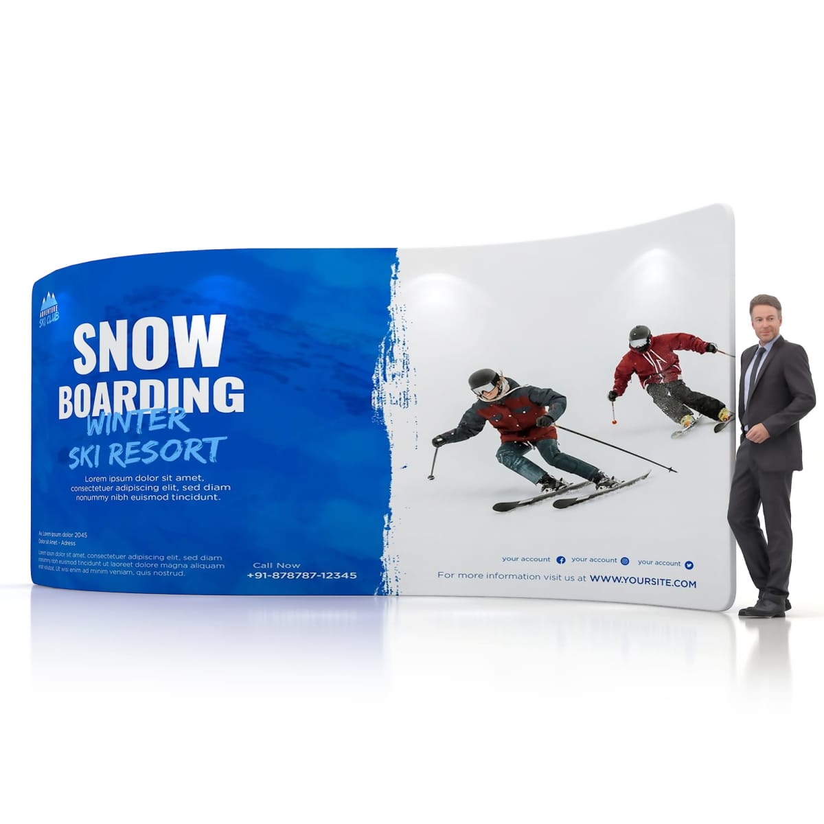 A man in a suit stands beside a large ski resort promotional display. The display features the text Snowboarding Winter Ski Resort and an image of two people skiing on snow. Contact details are visible at the bottom.