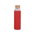 A transparent glass water bottle with a bamboo lid and a red silicone sleeve covering most of its body, set against a plain white background.