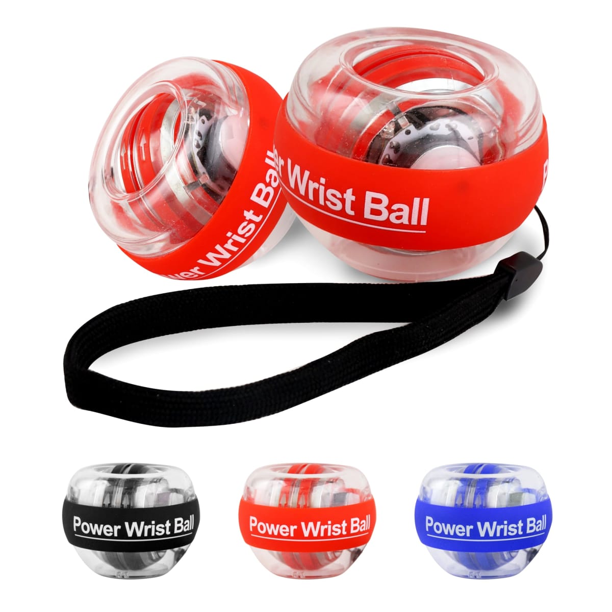 Two wrist balls are shown with transparent exteriors and internal gyroscopes, one red and the other with various color options displayed below: black, red, and blue. A wrist strap is attached for grip.