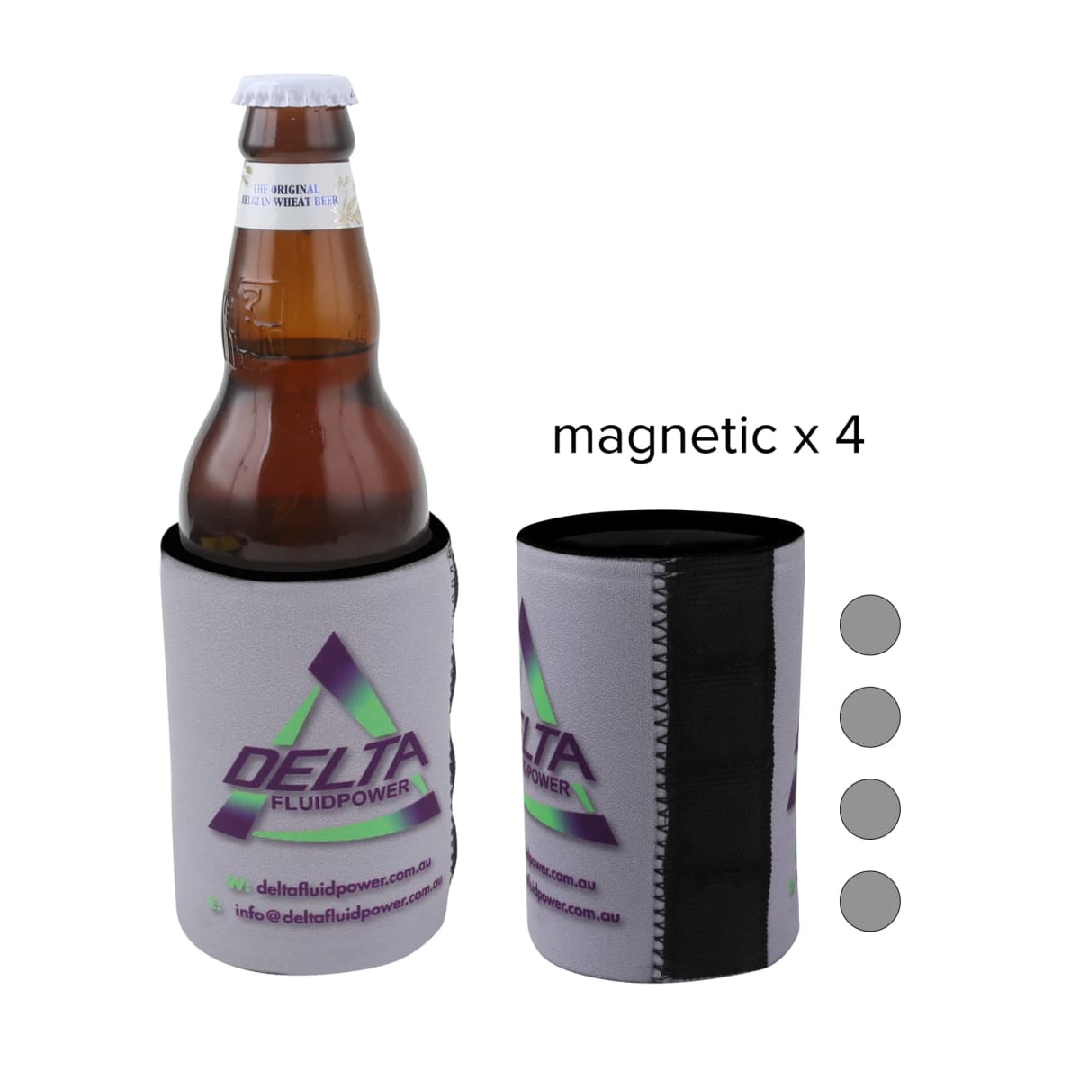 A brown beer bottle in a branded gray koozie, next to an empty koozie with the same branding. The koozies have magnets, indicated by magnetic x 4 and four gray circles. The brand Delta Fluid Power and contact info are visible.