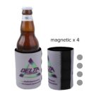 A bottle of beer partially inside a gray Delta Fluid Power koozie, next to an empty koozie. The koozie has a Velcro strip and four circular magnets alongside it. The koozie displays the company logo and contact information.