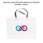 White paper shopping bag with black handles. A colorful infinity symbol is displayed on the front. Text above reads, Bag size: Large 420mmW x300mmH x120mmD Handles: 150mm.