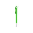 A green pen with a silver tip, featuring a clip on the cap, against a plain white background.