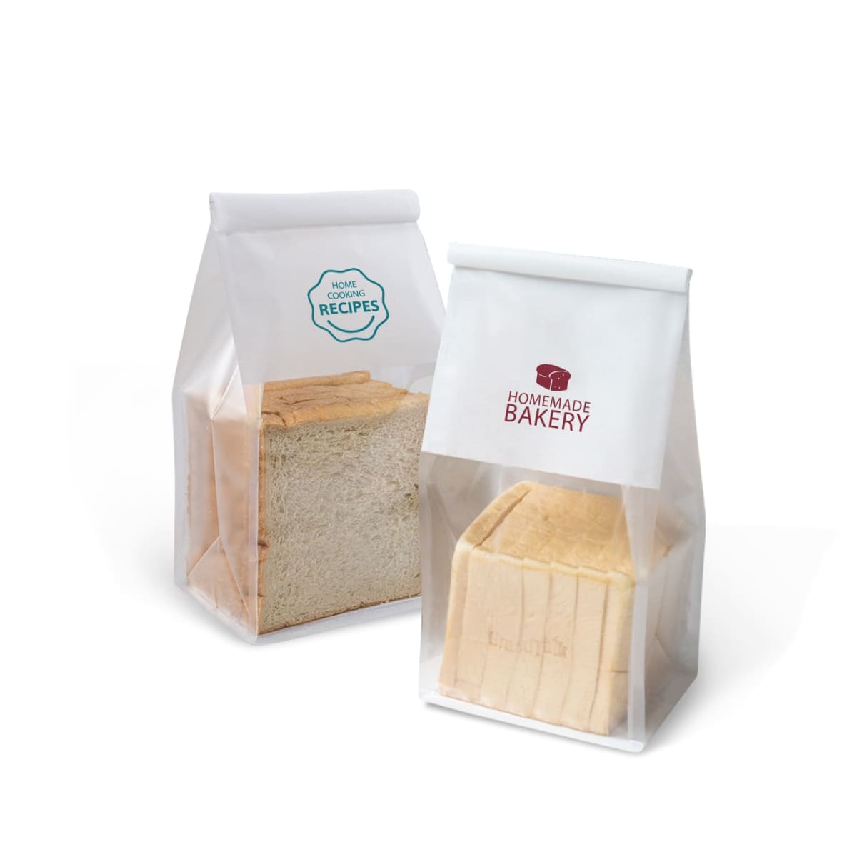 Two resealable plastic bags of sandwich bread are displayed. The left bag has blue text and a logo, showing unsliced white bread. The right bag has red text and a logo, containing sliced white bread.
