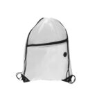 A white drawstring backpack with a black zipper pocket on the front. The bag has black drawstrings and a small black round button near the zipper. The drawstrings connect to reinforced corners.
