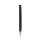 A sleek black ballpoint pen with a shiny silver tip, standing upright against a plain white background.