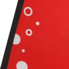 Red background with white circles and a diagonal black stripe on the left side.