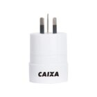 A white electrical plug adapter with cylindrical shape, featuring two metal prongs and one grounding pin. The adapter has the word CAIXA printed in black on its side.