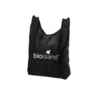 Black reusable shopping bag with the bioisland logo in white, featuring a butterfly design. The bag has a simple design with two handles. The background is plain white.