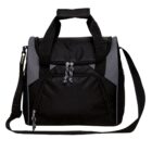 A black and gray insulated lunch bag with a front zippered pocket, a top handle, and an adjustable shoulder strap. The bag features a sturdy design with a double zipper closure on the main compartment.