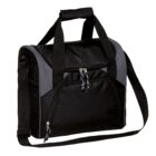 A black and gray handbag with a main zippered compartment, two carry handles, and an adjustable shoulder strap. The bag features a front pocket with a zipper and stylish design elements.