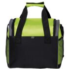 A green and black insulated cooler bag with black handles and a black shoulder strap. The bag has a front pocket and a zippered top, designed for carrying food and drinks while maintaining temperature.