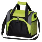 A green and black insulated cooler bag with a front zipper pocket, two black carrying handles, and a detachable shoulder strap. The bag has a double zipper top and mesh side pockets, designed for easy carrying and storage.
