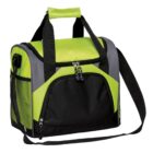 A black and lime green insulated cooler bag with black handles and an adjustable shoulder strap. It features multiple zippered compartments and a mesh pocket on one side.