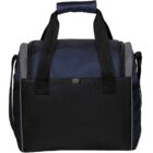 A black and navy blue duffel bag with black straps. The bag has a textured pattern on the top section and a smooth base. It features a zippered main compartment and side pockets, ideal for travel or gym use.