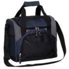 A dark blue and black insulated cooler bag with gray accents, featuring a front zippered pocket and a long adjustable shoulder strap. The bag has top handles and a main zippered compartment.