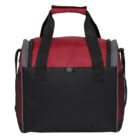 A red and black insulated cooler bag with a rectangular shape, featuring sturdy black handles and a top zipper closure. The sides are reinforced for structure and the design is simple and functional.