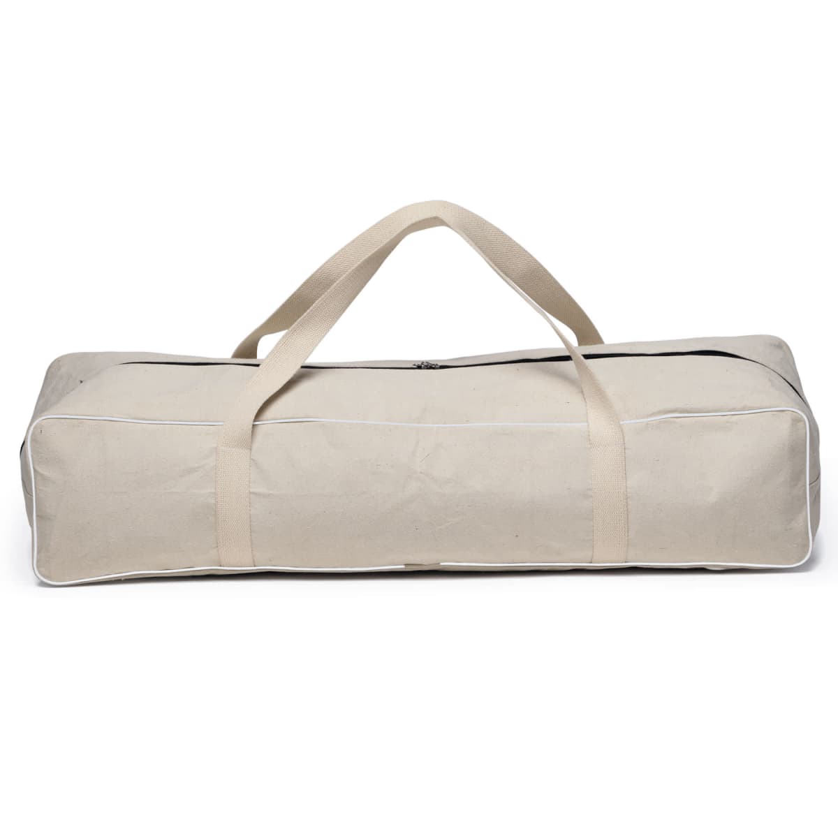 A rectangular beige canvas bag with white piping and dual handles.