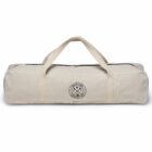 A beige duffel bag with cream handles and a zipper closure. The bag features a circular logo with the text Backyard and a small emblem in the center.
