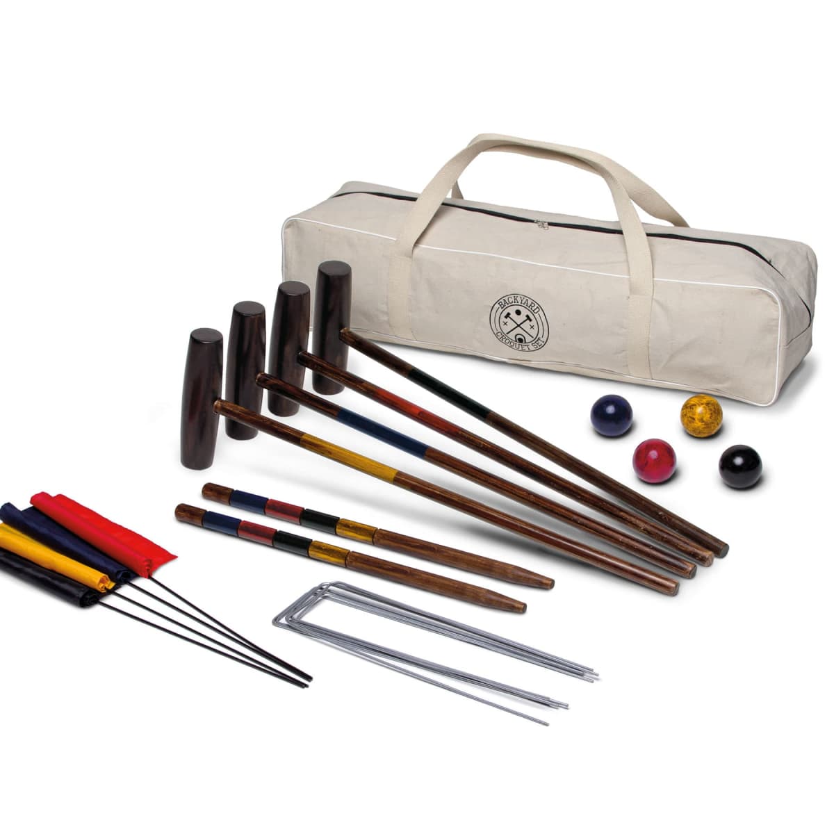 A croquet set with wooden mallets, colored balls, metal wickets, and corner flags, arranged neatly. A beige carrying bag with handles is in the background.