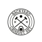 A circular logo with the text Backyard Croquet Set. Inside the circle are two crossed croquet mallets, a croquet ball, and a hoop, all in black on a white background.