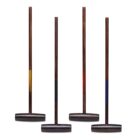Four wooden croquet mallets are arranged vertically in a row against a white background. Each mallet has a different colored band on its handle: yellow, green, red, and blue.
