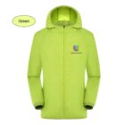 Green hooded jacket with a front zipper and elastic cuffs. Features a colorful logo on the chest with the text FREEDOM WORLD. A label indicates the color as Green.