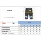 Diagram of mens sublimated cycling shorts with labeled sections A, A1, G, H. A size chart below lists waist, bottom, and total lengths in centimeters for sizes S to 4XL. Style: shorts. Cutting: tight. Model number: PCC033.