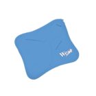 Blue heating pad with stitched lines and the word West printed on it. The pad has a curved shape and appears soft, designed for comfort and warmth.