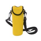 Yellow neoprene water bottle carrier with a black strap and secure buckle attachments. The carrier has a rounded shape with a flap closure at the top, designed to hold and protect a bottle.