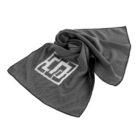 A crumpled gray athletic towel with a black border, featuring a white geometric design in the center. The texture appears lightweight and breathable.