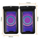 Two black waterproof phone pouches with transparent screens, each displaying a phone showing colorful concentric circles. Pouches are labeled with dimensions: 115mm width, 200mm height; additional measurements show 105mm width, 175mm height.