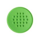 A green, circular silicone trivet with a raised dot pattern covering its surface, designed for use as a heat-resistant pad in kitchens.