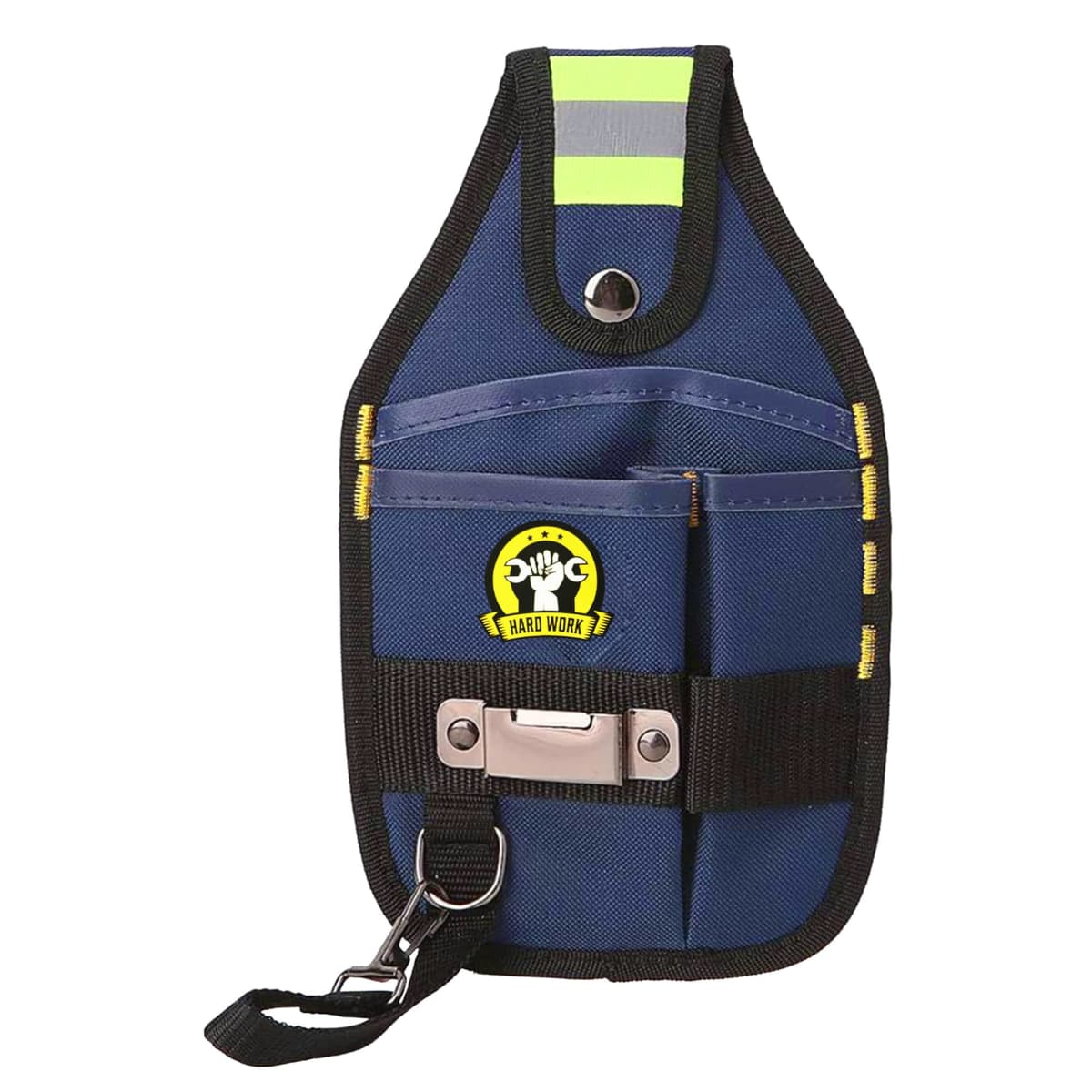 Blue and black tool pouch with logo, belt clip, and neon green accent.