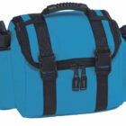 Blue duffel bag with black straps and buckles. It has a side pocket holding a black water bottle and a handle on top.