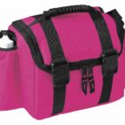 A bright pink duffel bag with black straps and buckles. It features a side pocket holding a white water bottle and a sturdy black handle on top.