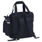 A black backpack with adjustable shoulder straps and two handles. It has multiple pockets, including two side pockets, each holding a water bottle with a flip straw lid. The design is simple and functional.