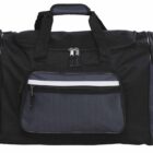 Black and gray duffel bag with multiple zippered compartments and handles. The bag features white accent stripes on the sides.