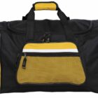 A black and yellow duffle bag with a central zippered compartment and side pockets. It features a mesh front pocket, black straps with a padded handle, and white accents on the sides.