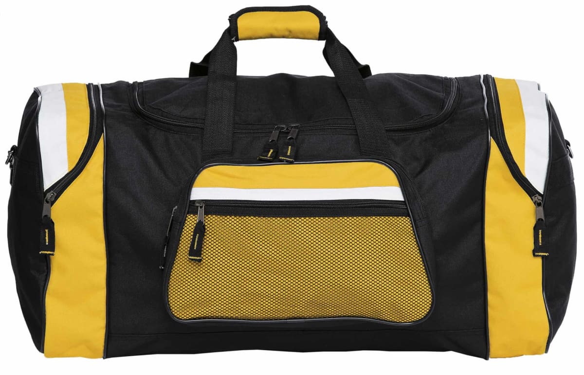 A black and yellow duffle bag with a central zippered compartment and side pockets. It features a mesh front pocket, black straps with a padded handle, and white accents on the sides.