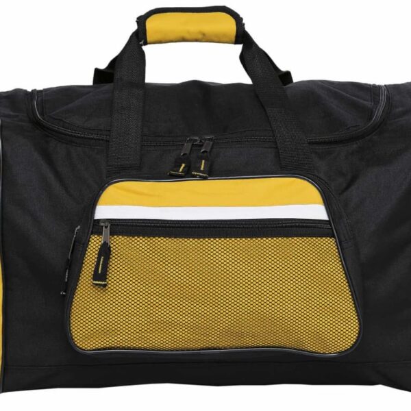 A black and yellow duffel bag with black handles and straps. It features a front zippered pocket with a white stripe above and a yellow mesh panel. White stripes also run along both sides of the bag.
