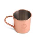 A copper-colored metal mug with a shiny finish is placed on a white background. The mug features a handle and a simple logo with a gear design and the word COMPANY printed in light print on its side.