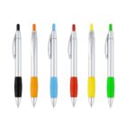 Six silver pens arranged vertically, each with a different colored tip and grip: black, orange, blue, red, yellow, and green. Each pen has a metallic clip near the top. The background is plain white.