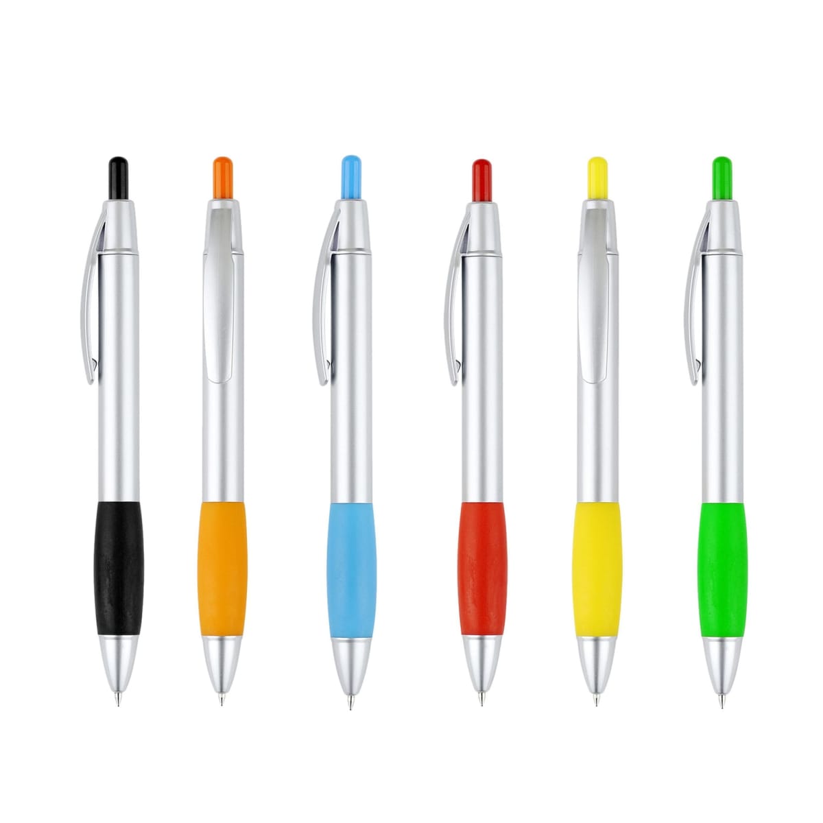 Six silver pens arranged vertically, each with a different colored tip and grip: black, orange, blue, red, yellow, and green. Each pen has a metallic clip near the top. The background is plain white.